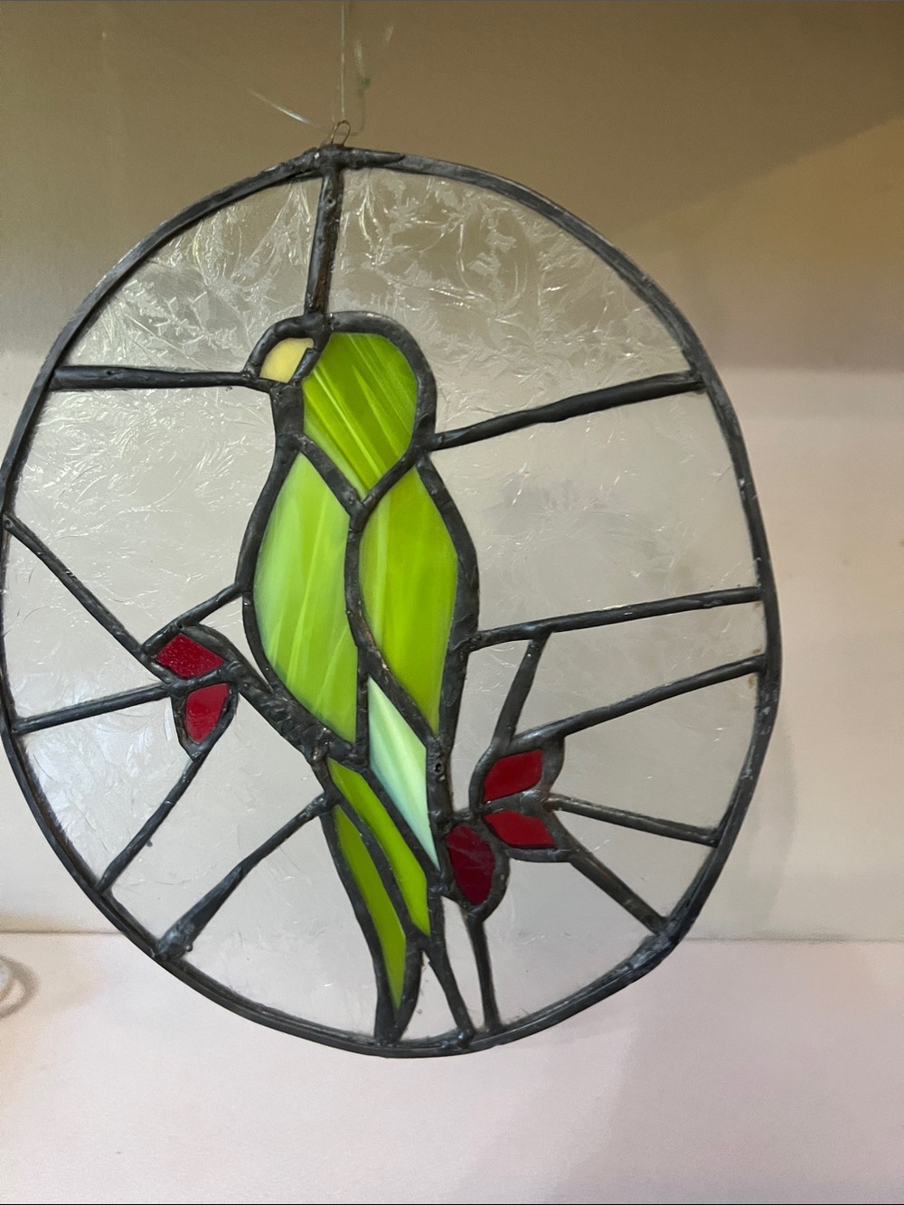 Hand Crafted Green Parrot Stained Glass Suncatcher with Red Accents
